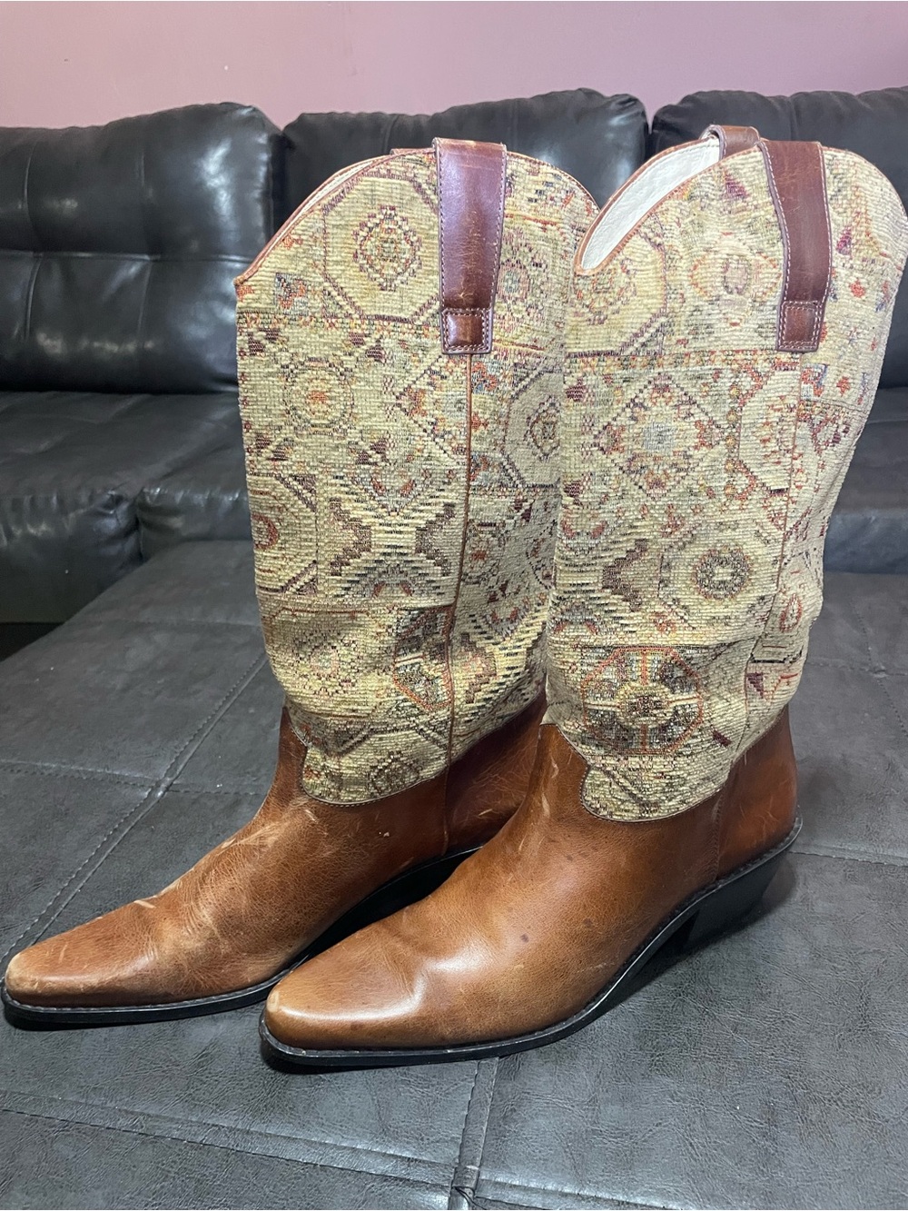Vero Cuoio Brown Leather & Beige Tapestry Western Heeled Boots